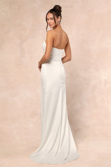 Heidy White Satin Beaded Strapless Maxi Dress