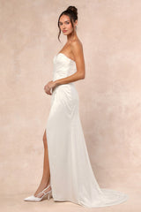Heidy White Satin Beaded Strapless Maxi Dress
