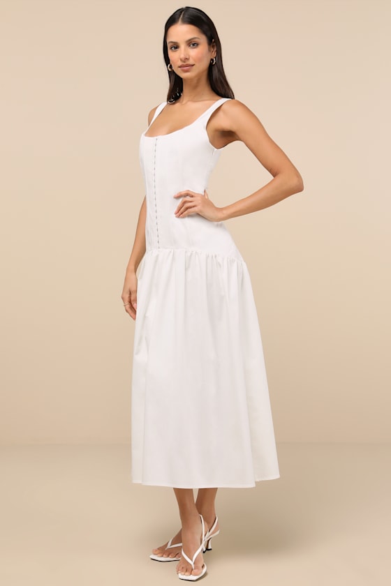 Kyla White Drop Waist Midi Dress