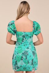 Luxe Direction Teal Green Floral Jacquard Puff Sleeve Mini Dress