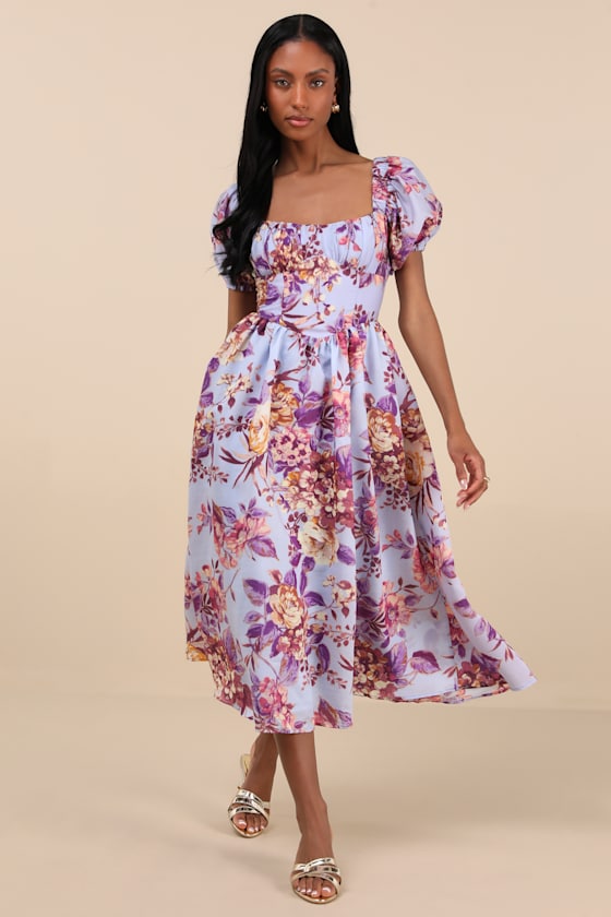 Adorable Tendencies Periwinkle Floral Puff Sleeve Midi Dress