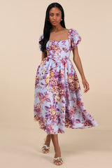 Adorable Tendencies Periwinkle Floral Puff Sleeve Midi Dress