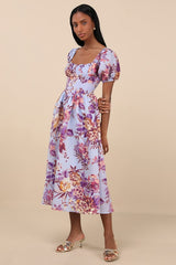 Adorable Tendencies Periwinkle Floral Puff Sleeve Midi Dress