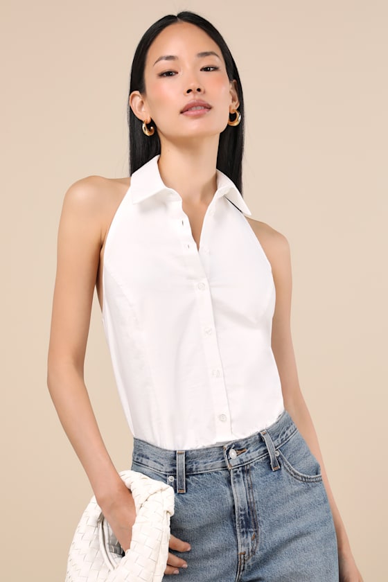Aeres White Button-Front Collared Halter Bodysuit