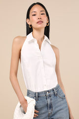 Aeres White Button-Front Collared Halter Bodysuit