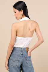 Aeres White Button-Front Collared Halter Bodysuit