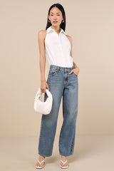 Aeres White Button-Front Collared Halter Bodysuit