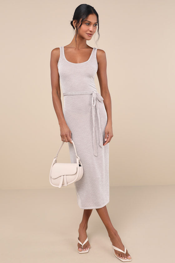 Summer Perfection Taupe and Ivory Striped Ribbed Midi Dress