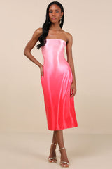 Indescribable Poise Pink Ombre Satin Strapless Midi Dress