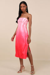 Indescribable Poise Pink Ombre Satin Strapless Midi Dress