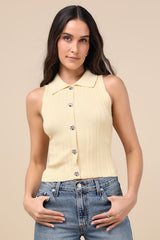 Jena Light Yellow Ribbed Knit Button-Front Tank Top