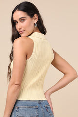 Jena Light Yellow Ribbed Knit Button-Front Tank Top