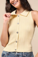 Jena Light Yellow Ribbed Knit Button-Front Tank Top