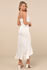 Modern Passion Ivory Floral Satin Jacquard Ruffled Midi Dress