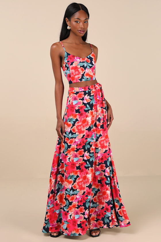 Bloom With a View Dark Blue Floral Print Two-Piece Maxi Dress