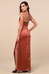Mairwen Rust and Black Satin Lace Halter Maxi Dress