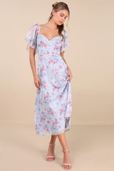 Valla Light Blue Floral Flutter Sleeve Midi Dress