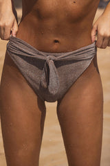 Audrey Shiny Taupe Lurex Knotted High-Rise Bikini Bottoms