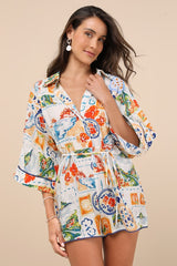 Azzurra Ivory Multi Print Three-Quarter Sleeve Romper
