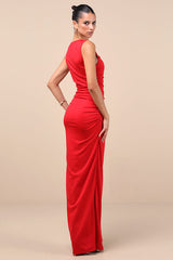 Enticing Darling Red Asymmetrical Ruched Maxi Dress