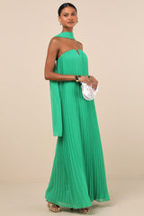 Lael Green Pleated Strapless Dress and Scarf Set