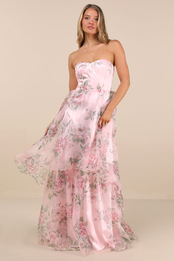 Truly Extraordinary Pink Floral Organza Strapless Maxi Dress