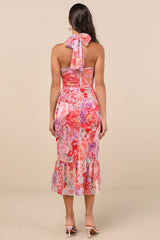 Juno Red Multi Floral Halter Trumpet Midi Dress