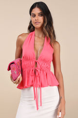 Adelita Coral Pink Tie-Front Halter Peplum Top