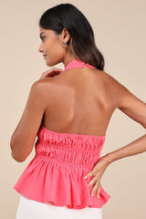 Adelita Coral Pink Tie-Front Halter Peplum Top