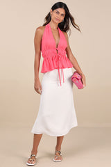 Adelita Coral Pink Tie-Front Halter Peplum Top