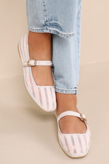 Tameka Bone Mesh Striped Buckle Ballet Flats