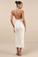 Meike Cream Textured Knit Beaded Halter Midi Dress