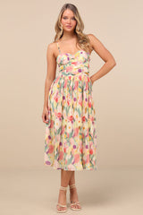 Aleyna Yellow Abstract Pleated Lace-Up Bustier Midi Dress