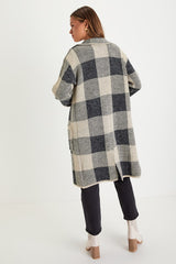 Cuddle Club Beige and Black Plaid Long Sleeve Coatigan