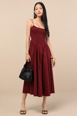 Tandria Burgundy Smocked Sleeveless Midi Dress