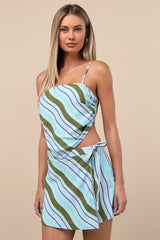 Zola Blue Striped Mid-Rise Faux Wrap Skort