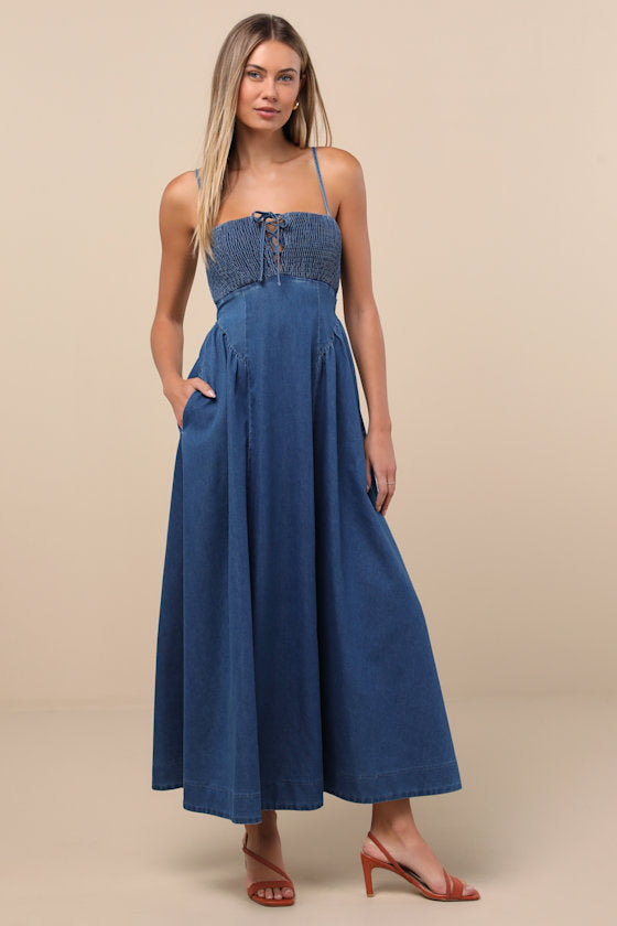 Laylie Medium Wash Denim Lace-Up Midi Dress