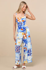 Bold Extravagance Blue Multi Print Sleeveless Wide-Leg Jumpsuit