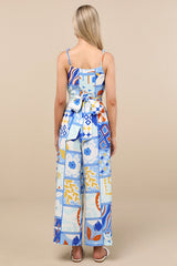 Bold Extravagance Blue Multi Print Sleeveless Wide-Leg Jumpsuit