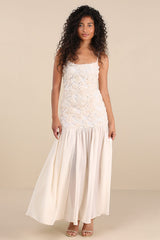 Kalene Cream 3D Rosette Sheer Hem Maxi Dress
