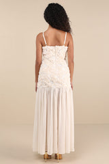 Kalene Cream 3D Rosette Sheer Hem Maxi Dress