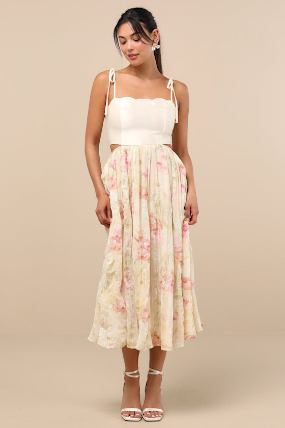 Rosalee Ivory Floral Mixed Media Midi Dress
