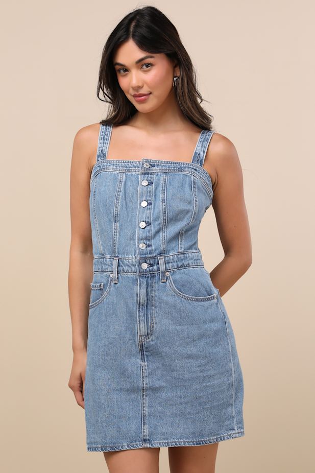 Iconic Medium Wash Denim Button-Up Mini Dress