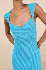 Chiara Turquoise Ribbed Knit Cap Sleeve Midi Dress