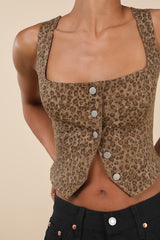 Ozella Brown Leopard Button-Front Sleeveless Crop Top