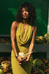 Venus Chartreuse Mesh Backless Midi Dress