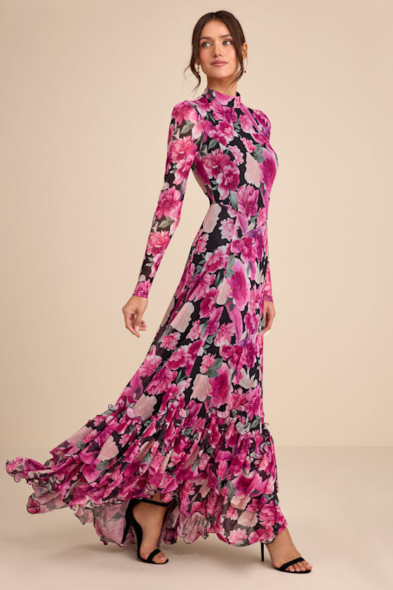 Emilina Black and Magenta Floral Mock Neck Maxi Dress