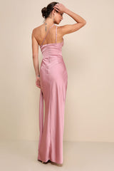 Signature Elegance Rose Satin One-Shoulder Maxi Dress