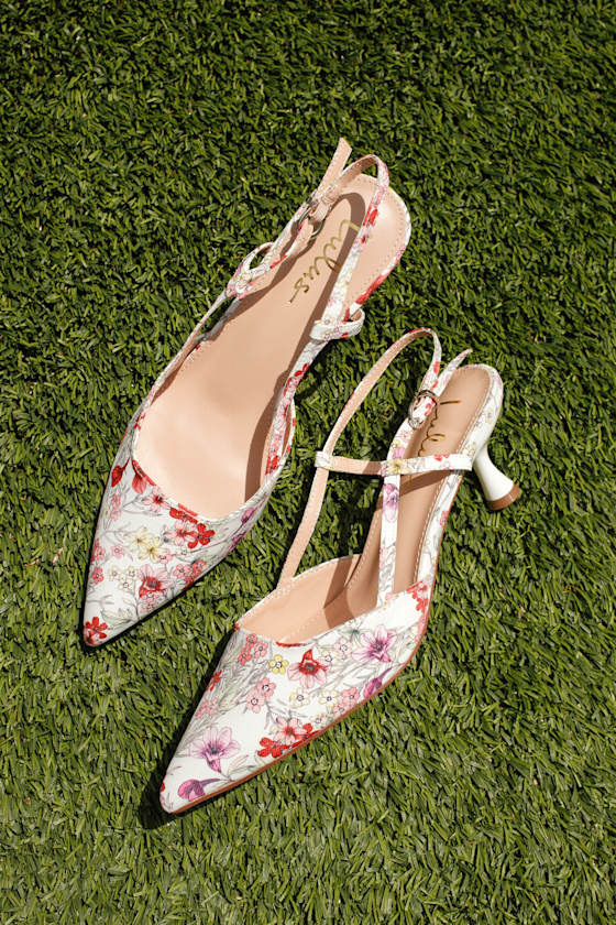 Talia White Floral Pointed-Toe Slingback Pumps