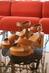 Yanni Tan Wooden Platform Ankle Strap Sandals